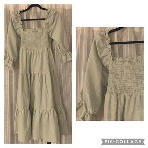 Gingham Smocked Long Sleeve Dress in Green